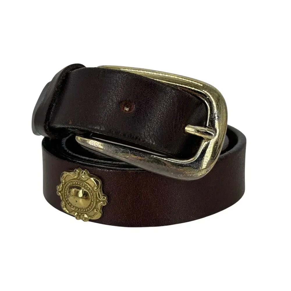 Vintage Donna Katz Women’s Skinny Belt SZ L Brown Medallion Bold 80s Unique Mod
